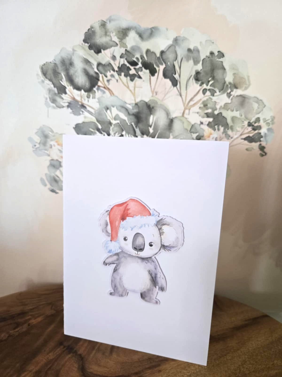 Cute Christmas Koala Greeting Card with Matching Mini Sticker - Greeting Cards - aunt uncle gift - aussie animal - hand made