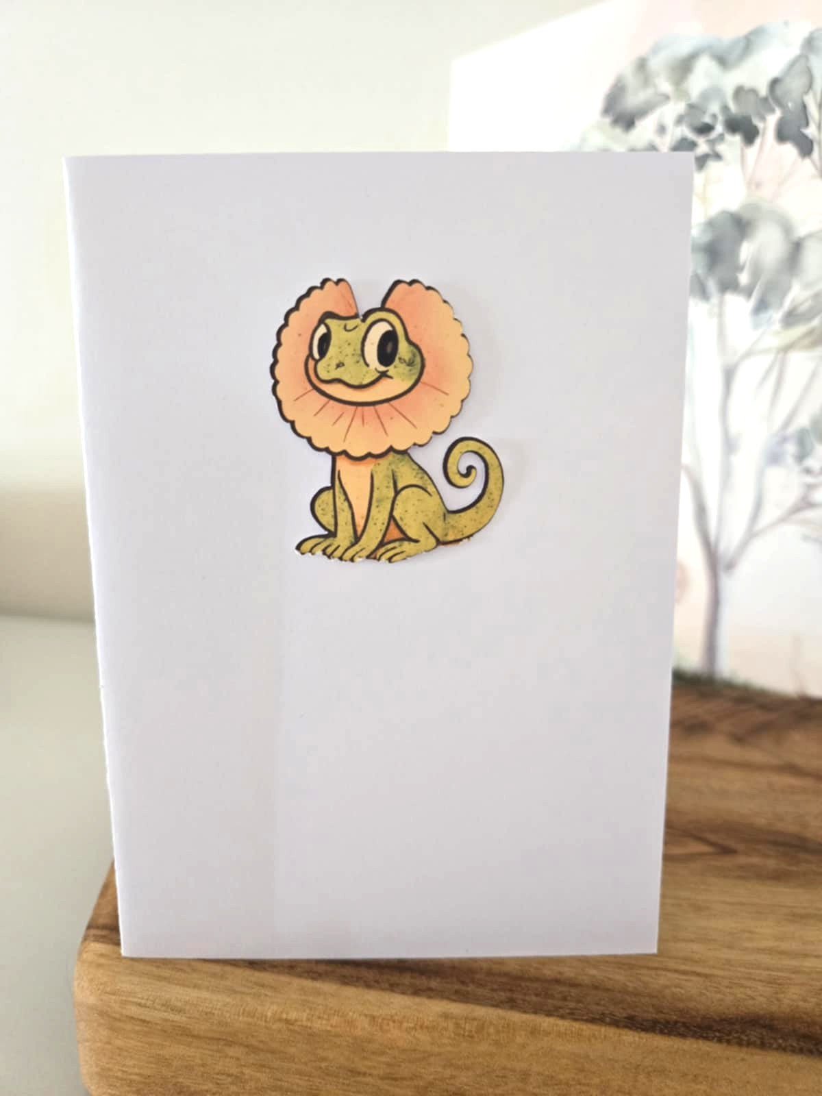 Cute Frill Neck Lizard Greeting Card with Matching Mini Sticker - Greeting Cards - aussie animal card - hand made