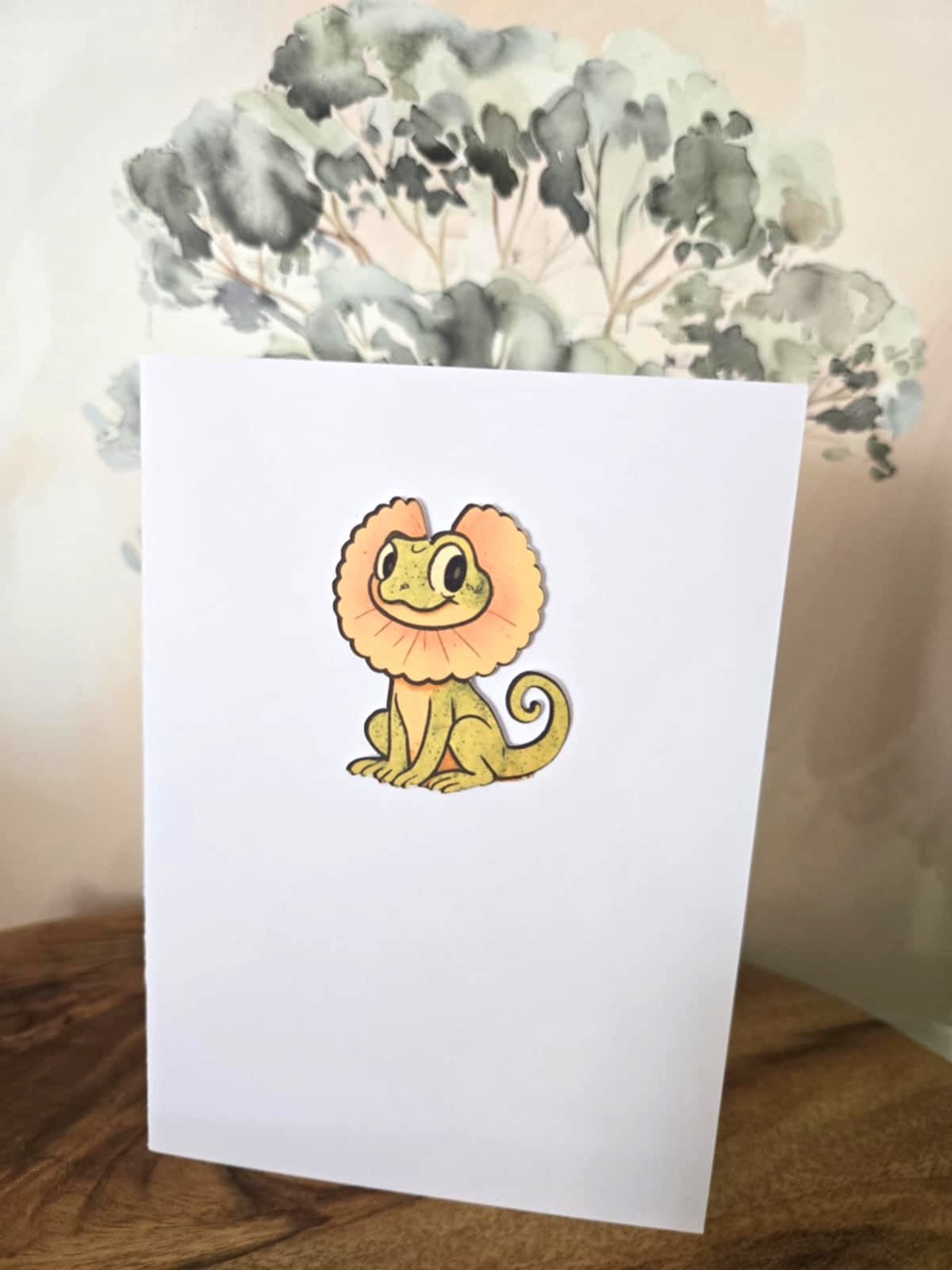 Cute Frill Neck Lizard Greeting Card with Matching Mini Sticker - Greeting Cards - aussie animal card - hand made